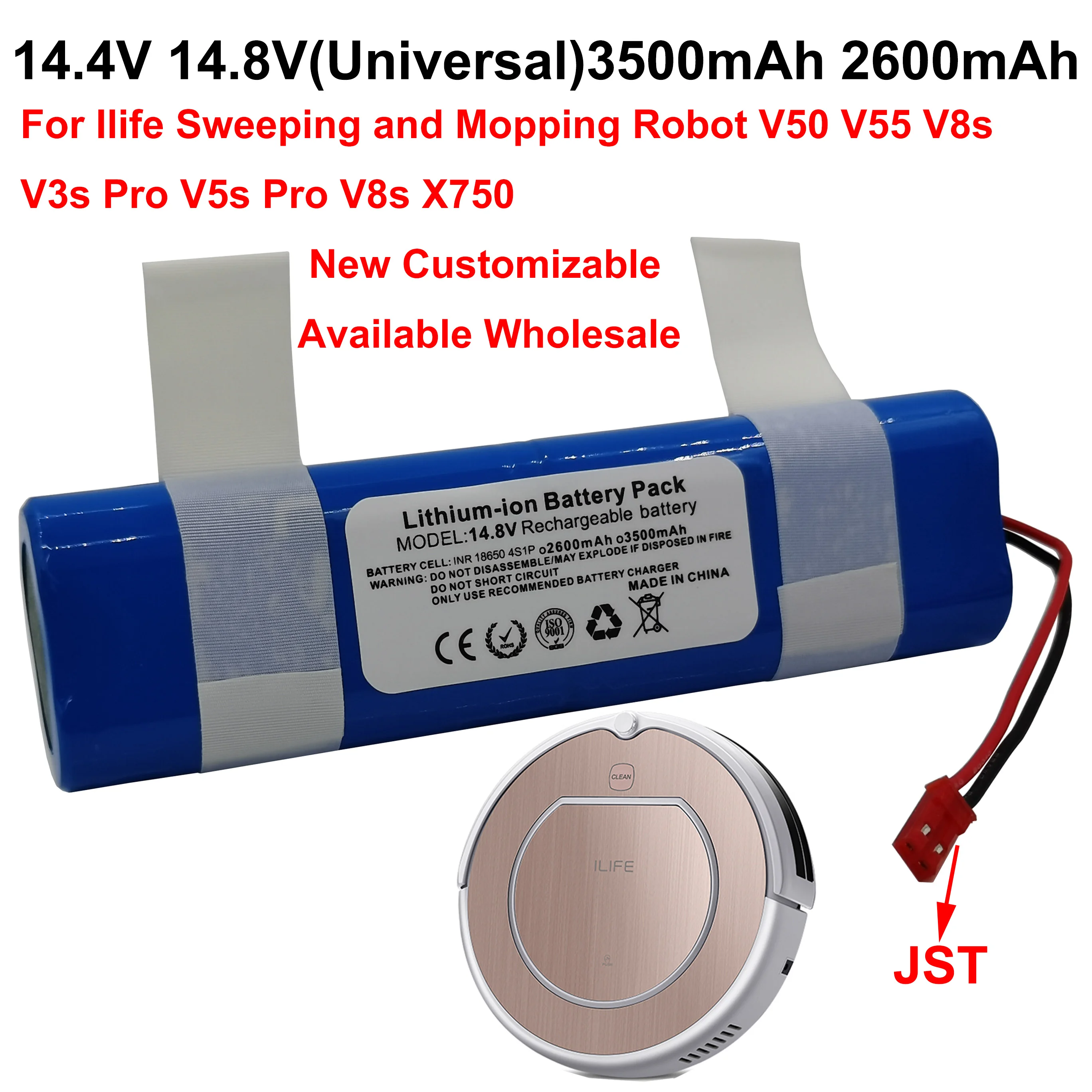 Bateria recarregável Li-Ion para Ilife, robô de varredura e esfregão, V50 V55 V8s V3s Pro V5s, 14.4V, 14.8V, 3500mAh, 2600mAh, 18650