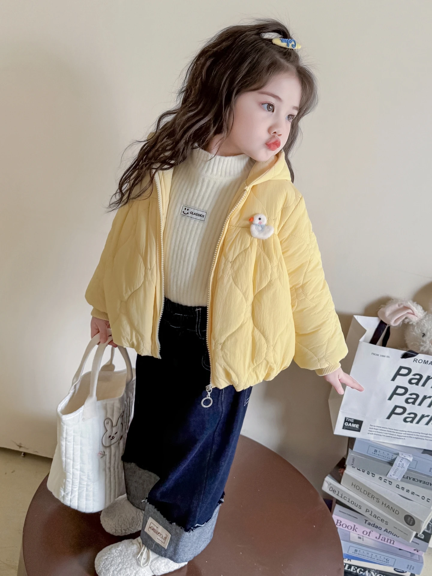 

Girls Fce Lined Cotton Du Cartoon Hooded Jaet Baby Girl's Cute Yellow Du Winter Clothes Sweet Loose Fit Long Sve