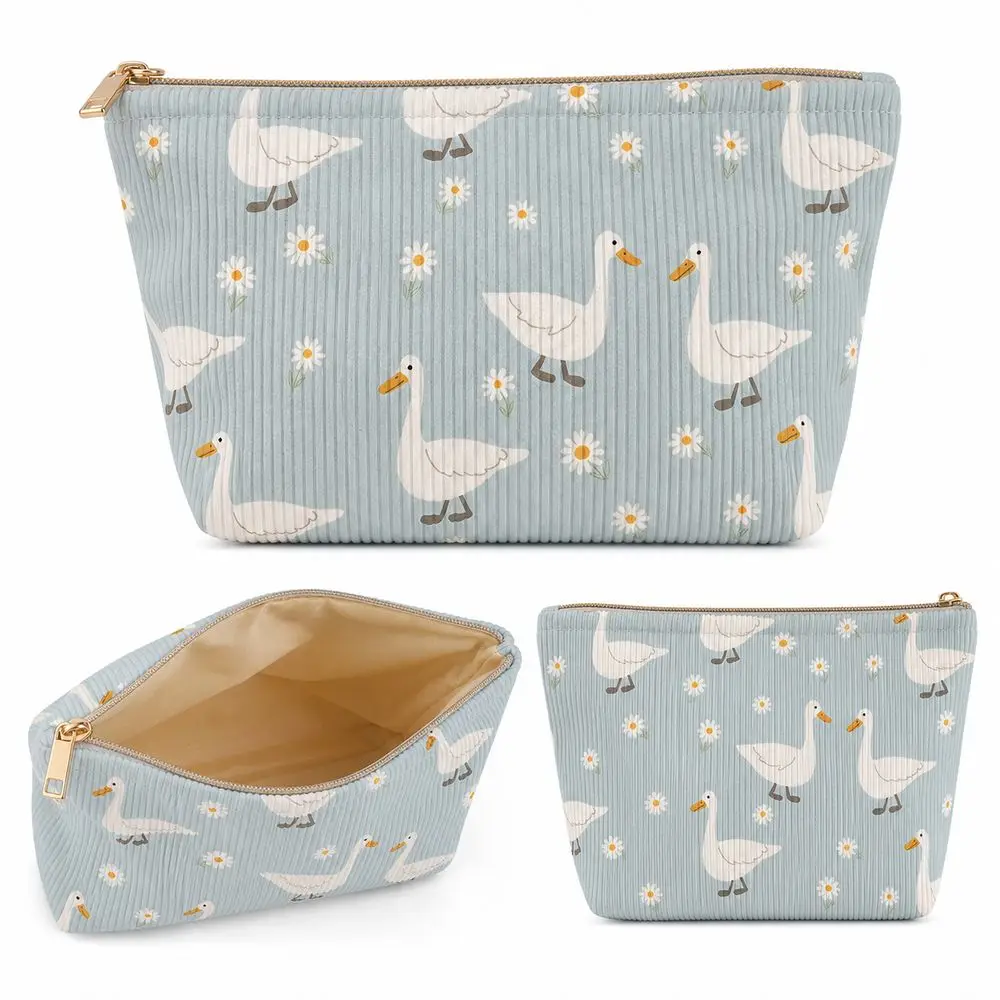 Portable Corduroy Makeup Bag Blue Zipper Closure Cosmetic Organizer Duck Pattern Zipper Pouch Makeup Storage