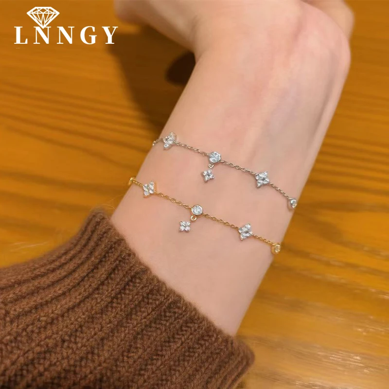 

Сертифицированный браслет Lnngy с четырехлистным цветком из муассанита 2 мм и 3 мм, регулируемая цепочка из 14-каратного золота, браслеты для женщин, украшения для рук