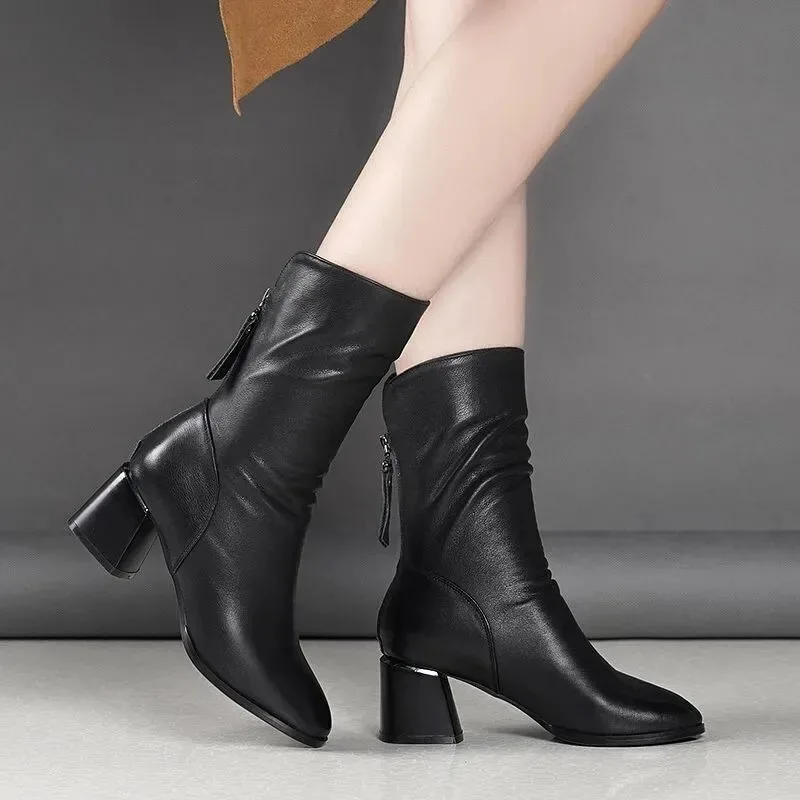 2025 New Women's Mid-calf Boots Fashion Casual Leather Boot High Heel Boots for Women Black Ladies Leather Boot Zapatos De Mujer image 2