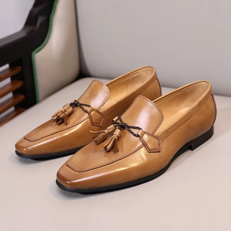 

New Italian Dress Square Toe Leather Shoes Men Genuine Leather Business Casual Slip-On Tassel Loafers Male Formal Oxford Shoes