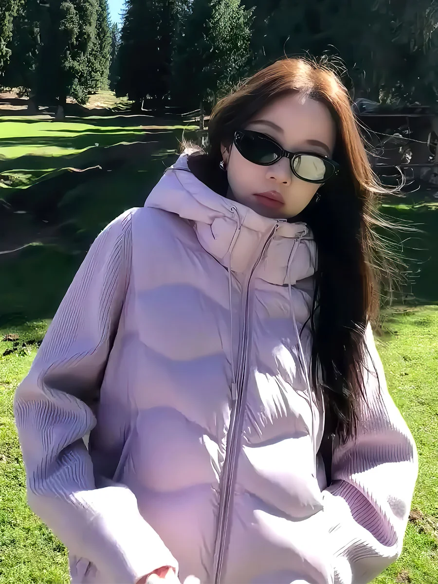 Jaet ligero con capucha para exteriores para mujer, abrigo con cremallera púrpura cálido con plumas blancas, ort 90, corte holgado informal