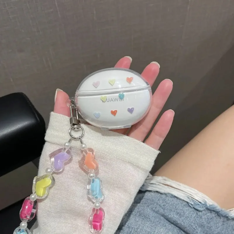 Kopfhörerhüllen mit Herzmuster für Huawei FreeBuds 6i 5i, Schutzhülle, Kopfhörerzubehör, Schutzhülle mit Armband