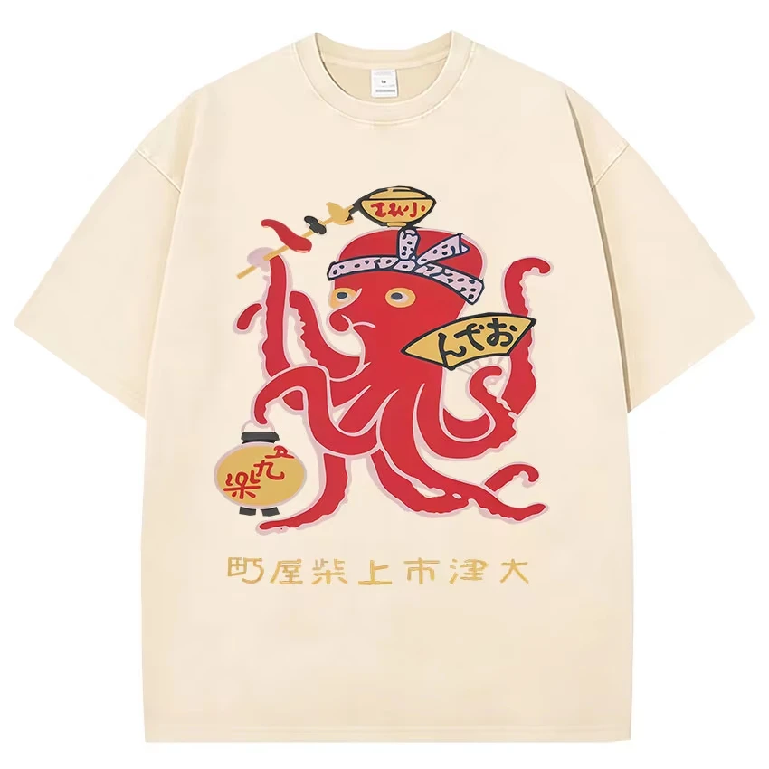 Fashion New Funny Japanese Osaka Drunken Octopus Vintage Washed T Shirts Men Women Casual Fashion Cotton Short Sleeve T-shirt