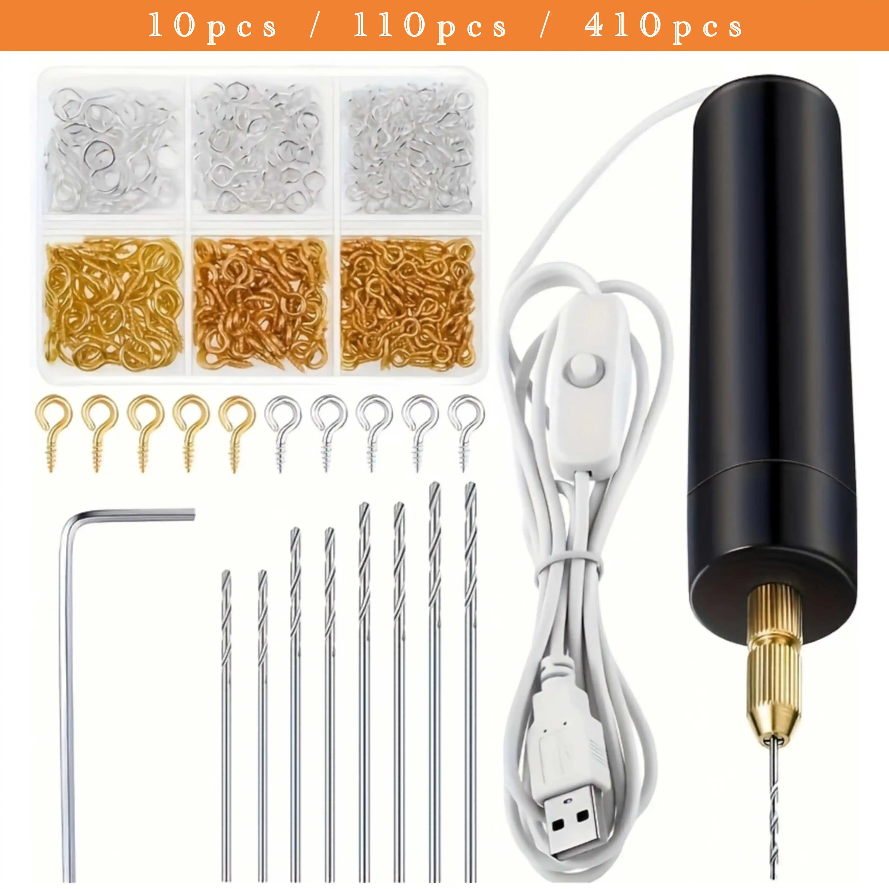 【Mini Electric Drill Set】10Pcs/110Pcs/410Pcs Usb-Powered Mini Electric Drill Set with Drill Bits, Electric Mini Drill with Wrench, Hex Shank Vise, Resin Casting Mold, DIY Keychain, Craft Making, for Resin, Plastic, Wood, Polymer Clay, Jewelry, Keychain Pendant Making Three Different Combinations to Meet Your Different Needs