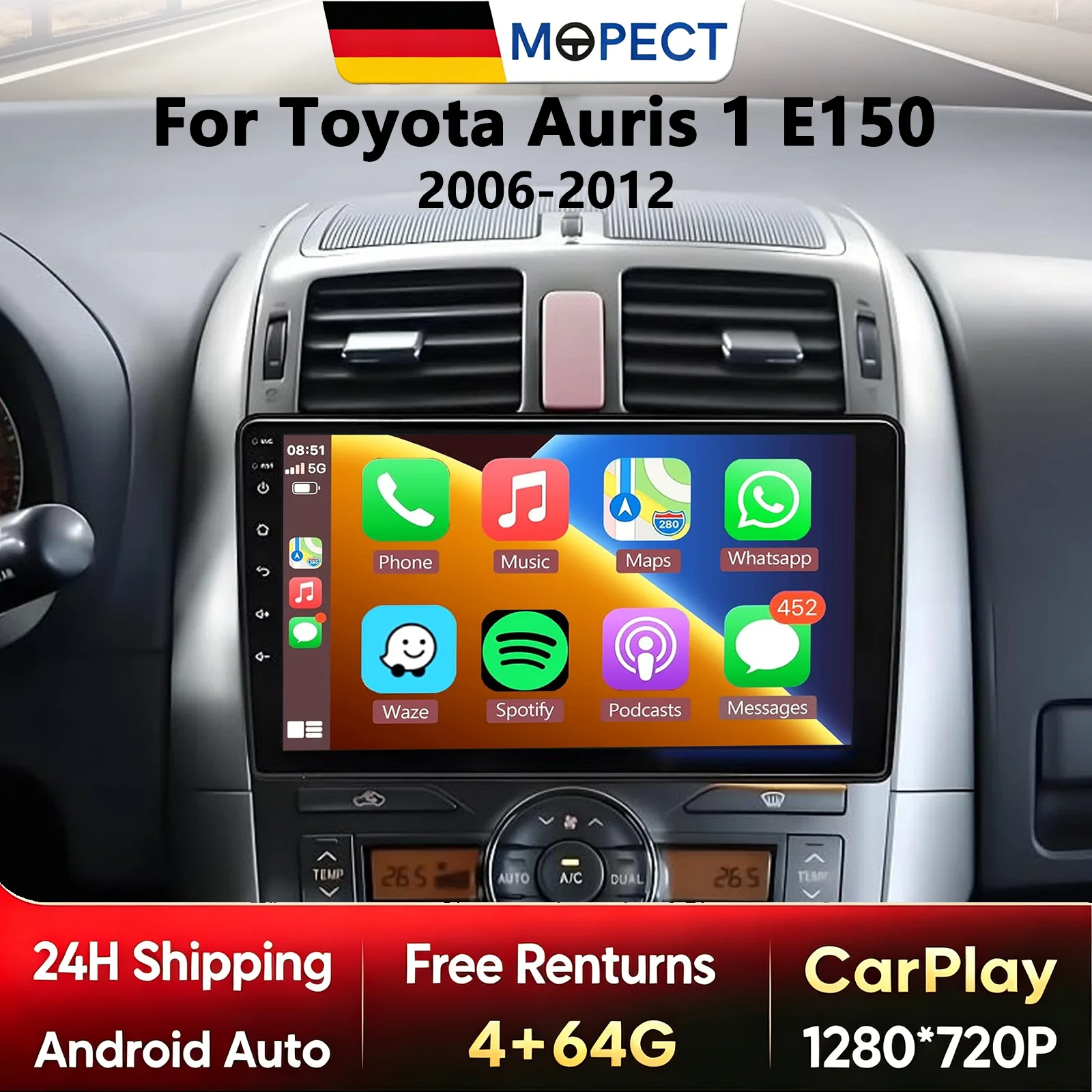 4+128GB Android 15 Kabelloses Carplay Android Autoradio für Toyota Auris 1 E150 2006-2012 Multimedia-Player GPS-Navigation Autoradio Stereo BT WIFI RDS SWC Haupteinheit DAB+ DVR