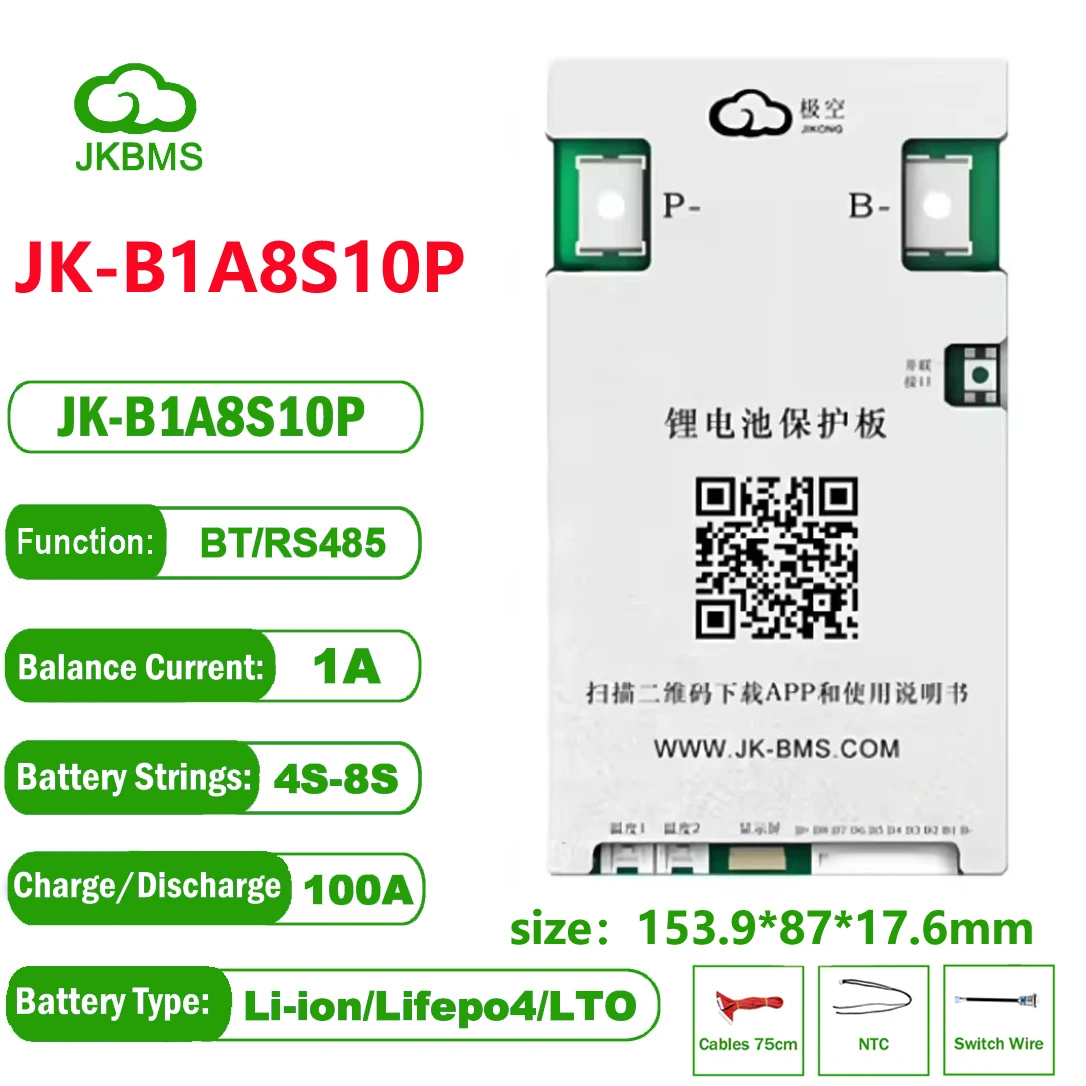 JK BMS JK-B1A8S10P Smart Battery Management System Active Balance Lifepo4 Ebike 6S 7S 100A 12V BT LTO Li-Ion Camping 24V 4S 8S