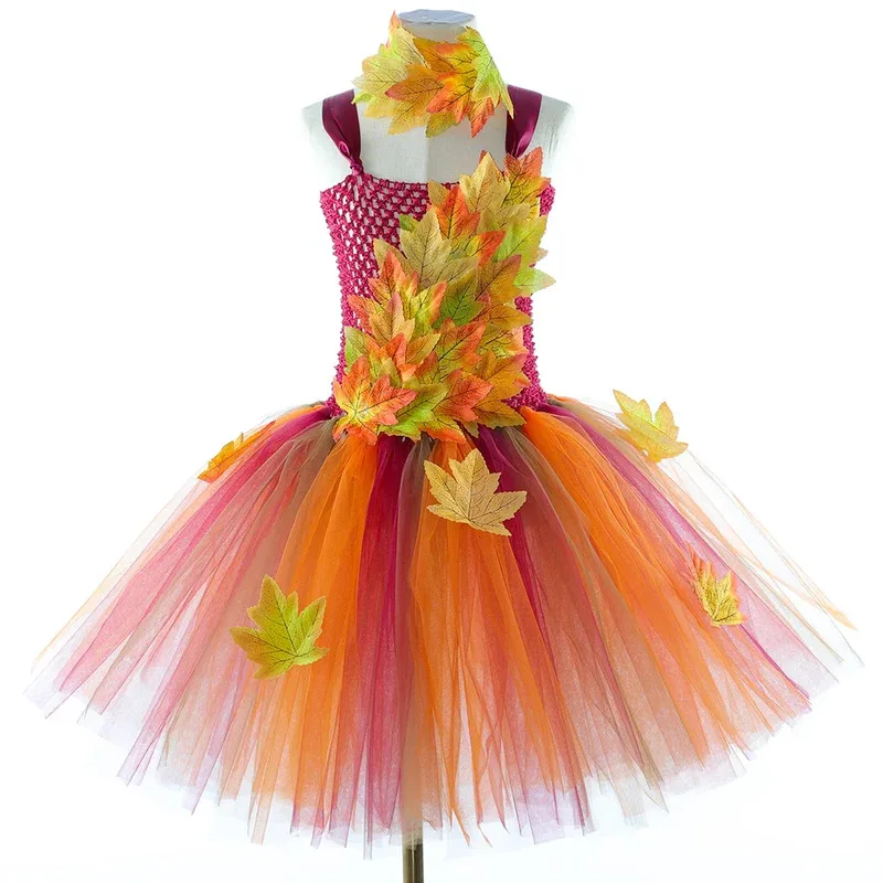 Fairy Costume for Girls Forest Woodland Autumn Fairy Tutu Dress Up Maple Leaves Kids Halloween Thanksgiving Tulle Princess Dress