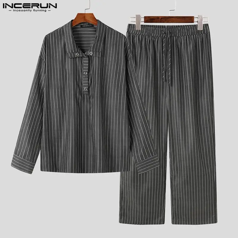 INCERUN 2024 Korean Style Fashion Sets New Men's Long Sleeved Shirts Pants Casual Streetwear Striped Lapel Two-piece Sets S-5XL