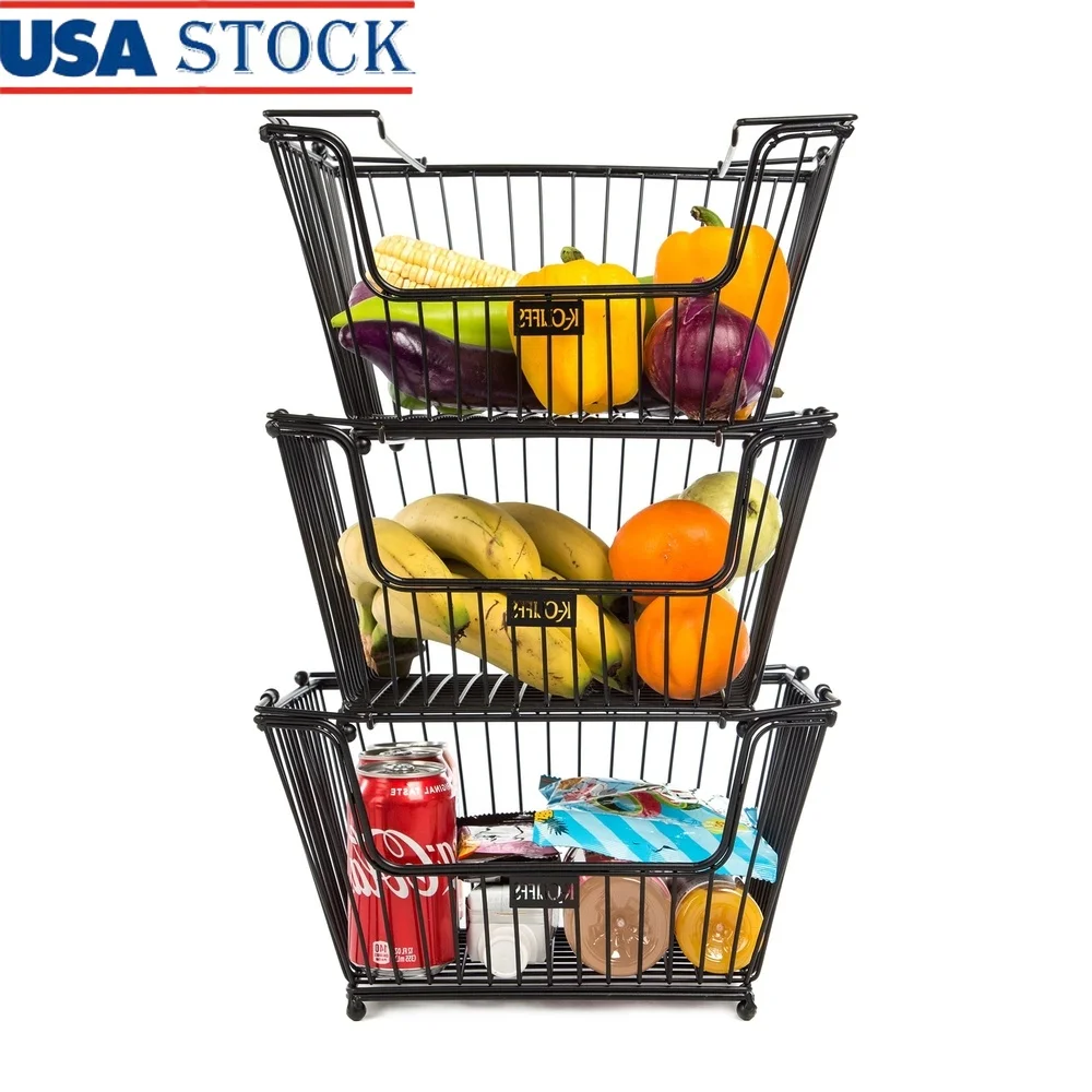 

Heavy Duty 3 Tier Stackable Metal Storage Baskets Kitchen Office Garage Organizing Fruits Vegetables Dry Goods 3pcs