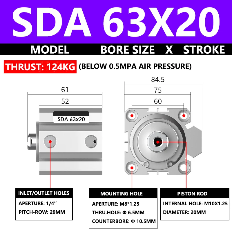 

ABILKEEN SDA63X20 SDA Series Thin Air Cylinder 63MM Female Thread Bore X 20MM Stroke Double Acting Pneumatic Compact Cylinder