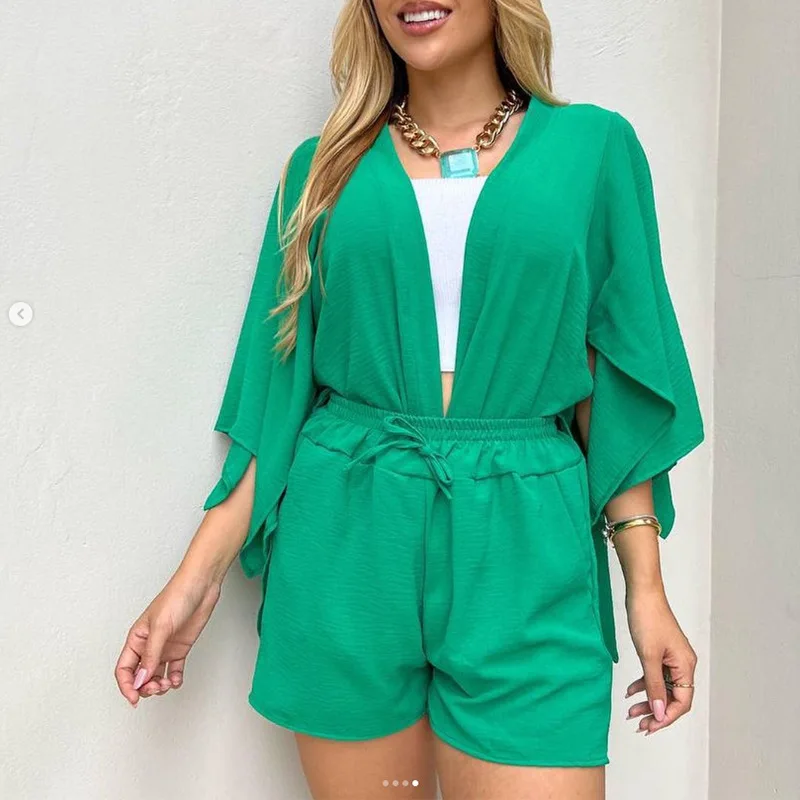 Sexy Deep V-neck Midi Dress 2023 Summer Ruffle Fringe Loose 3/4 Sleeve Cardigan Drawstring Fashion Casual Shorts Set