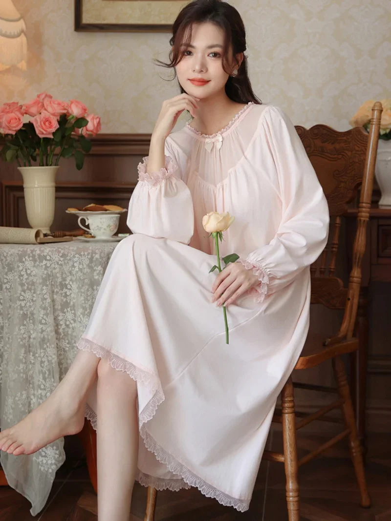 Women Long Sleeve Nightdress Spring Cotton Mesh Fairy Pajamas French Vintage Princess Loose Victorian Nightgowns Sleepwear image 6