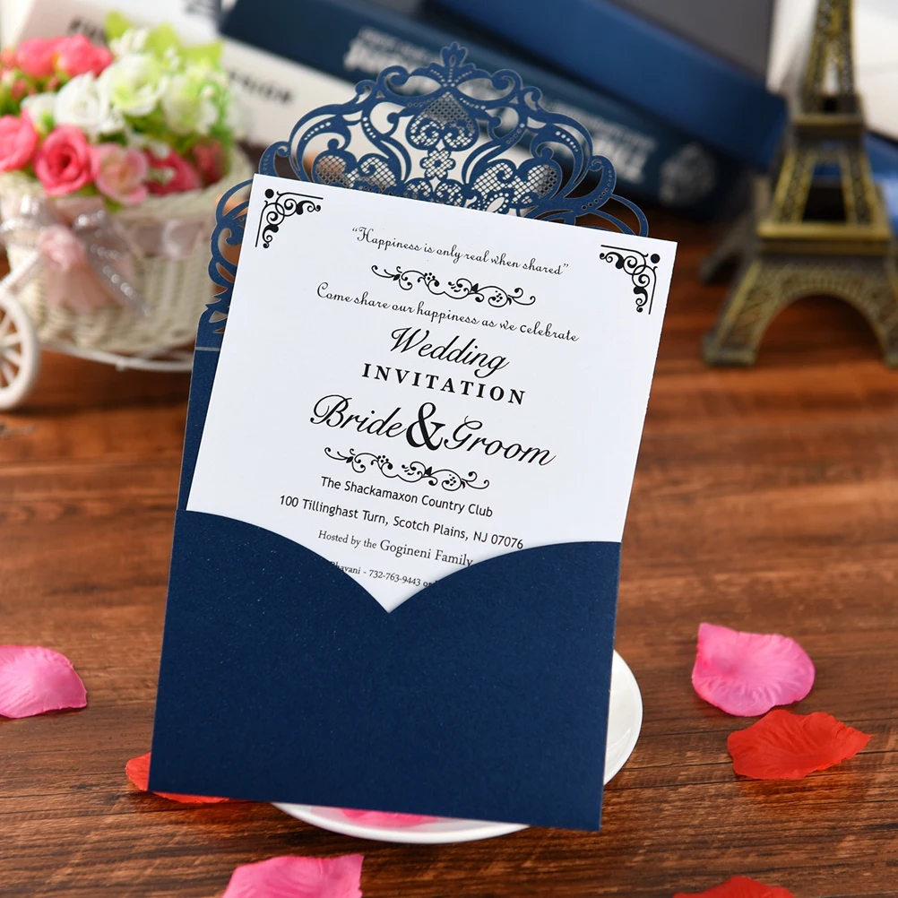 10Sets Business Invitation Cards Hollow Romantic Wedding Invitations Blue with Envelopes Sealing Stickers for Weddings Events