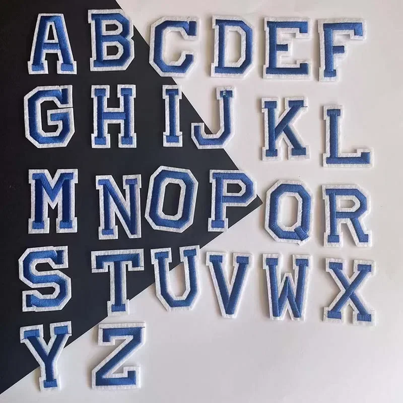 A~Z Blue Alphabet English Letters With White Edge Embroidery Applique Iron On Patches,Thermoadhesive Fabric Clothing Stickers