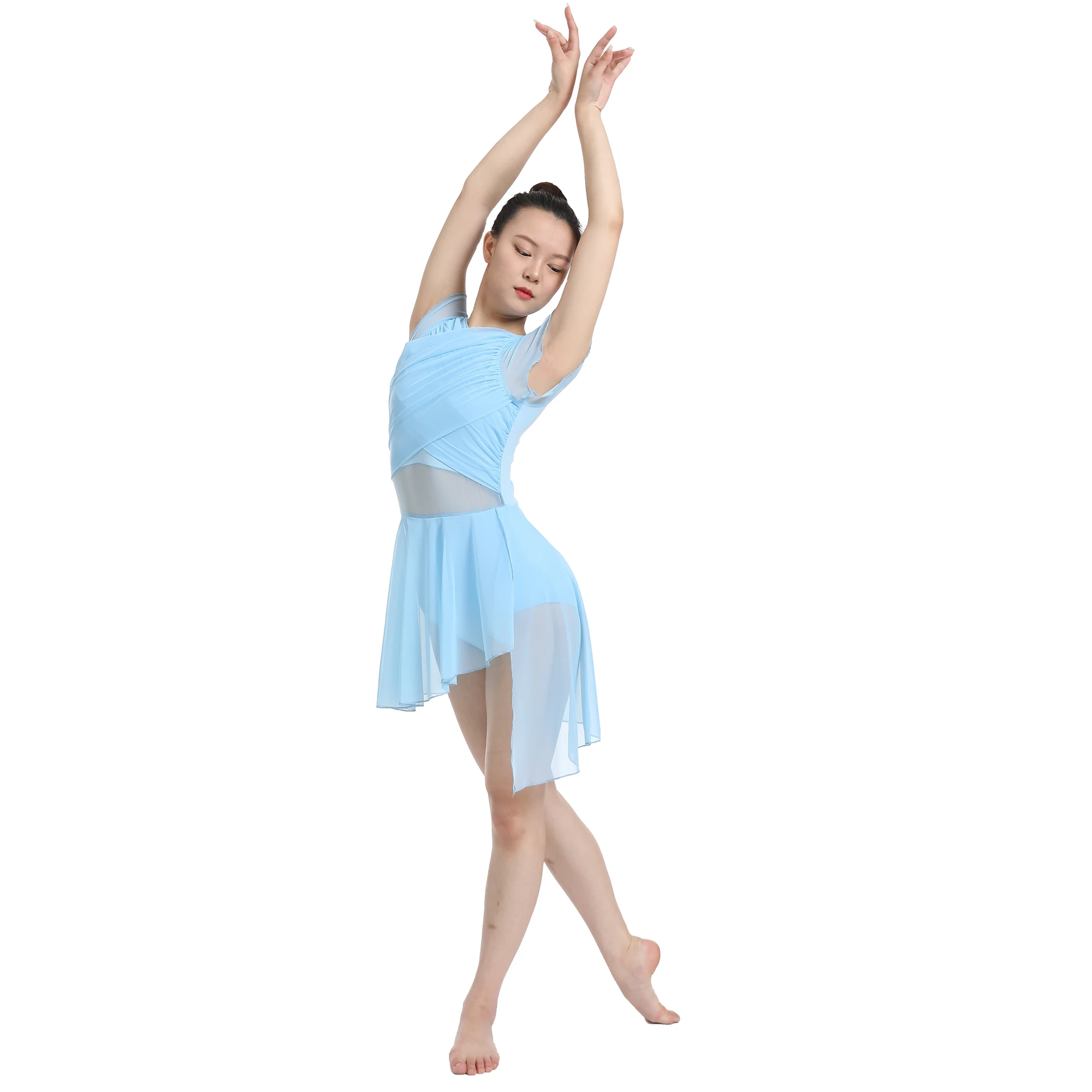 فستان رقص نسائي غنائي حديث بأكمام مرفرفة شبكي متجنب زي رقص معاصر، قطرة ماء مجوفة من الخلف #3