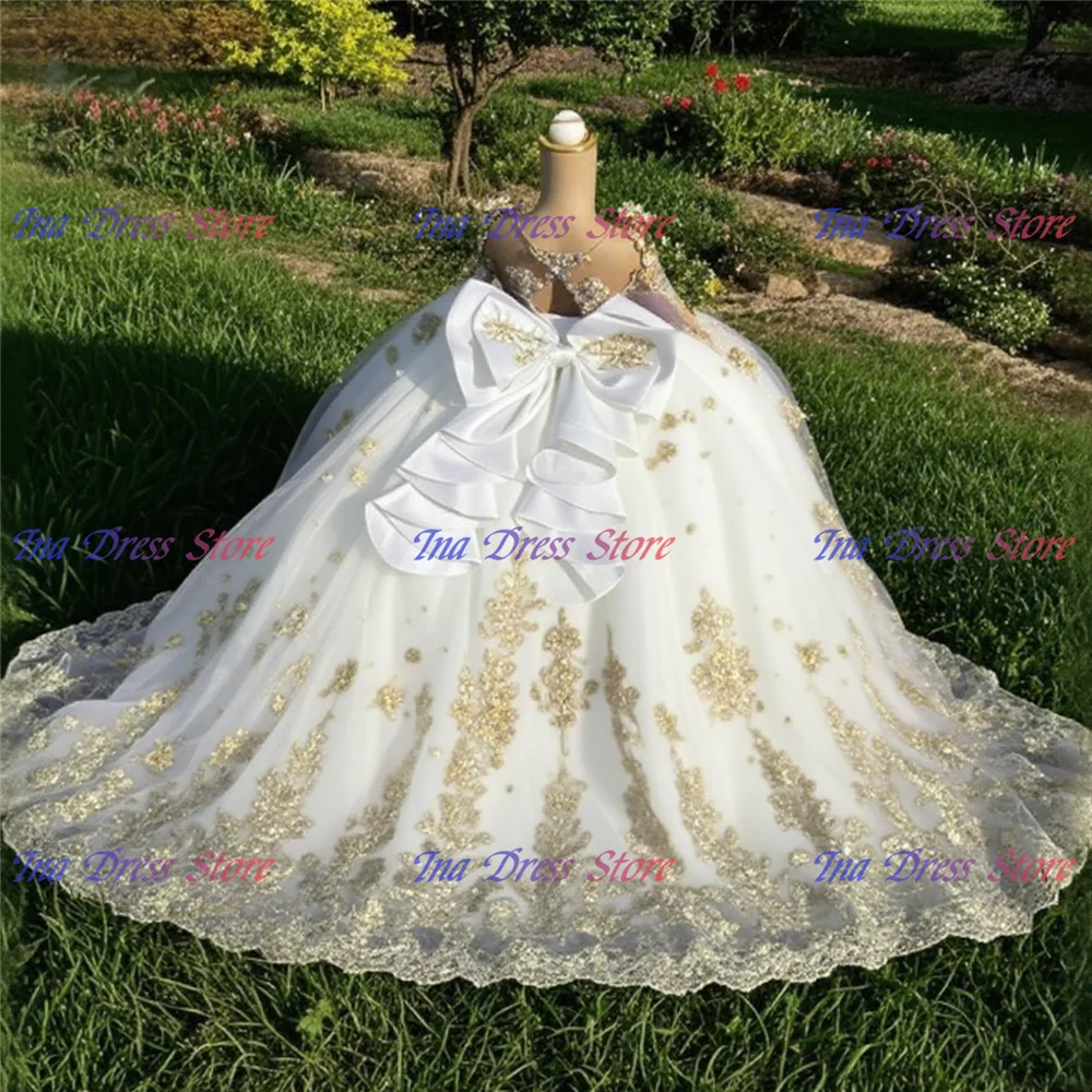 

Customised Quality White Flower Girl Dress Tulle Fluffy Wedding Ball Dresses Gold Appliqué Princess Kids Birthday Party Gowns