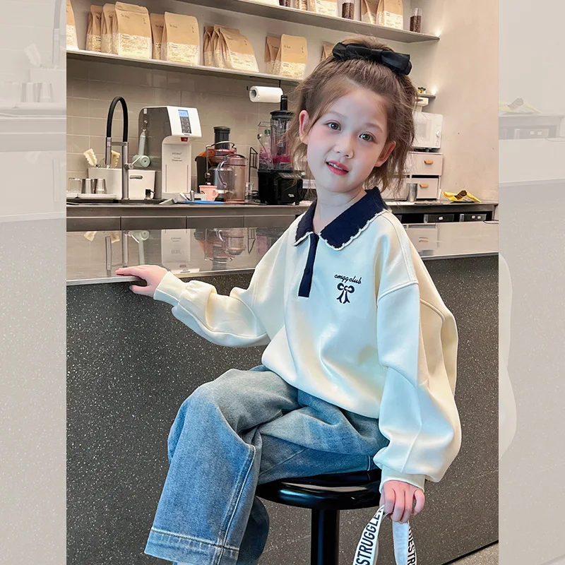 

Толстовка для девочек, весенне-осенний детский топ с воротником-поло для детей старшего возраста, свободная одежда с длинными рукавами для девочек2025Spring a