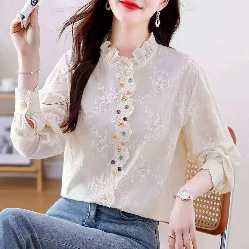 

2026 Spring and Summer Women's Fashion New Style Brightly Embroidered Colorful Buttons Loose Long-Sleeved Casual Shirt