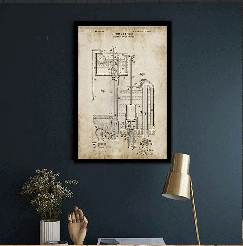 الحمام براءات الاختراع خمر يطبع ، لفة المرحاض ، صهريج ، تصميم المختبرات ، لو قماش اللوحة مخططات ديكور فني جدران المنزل