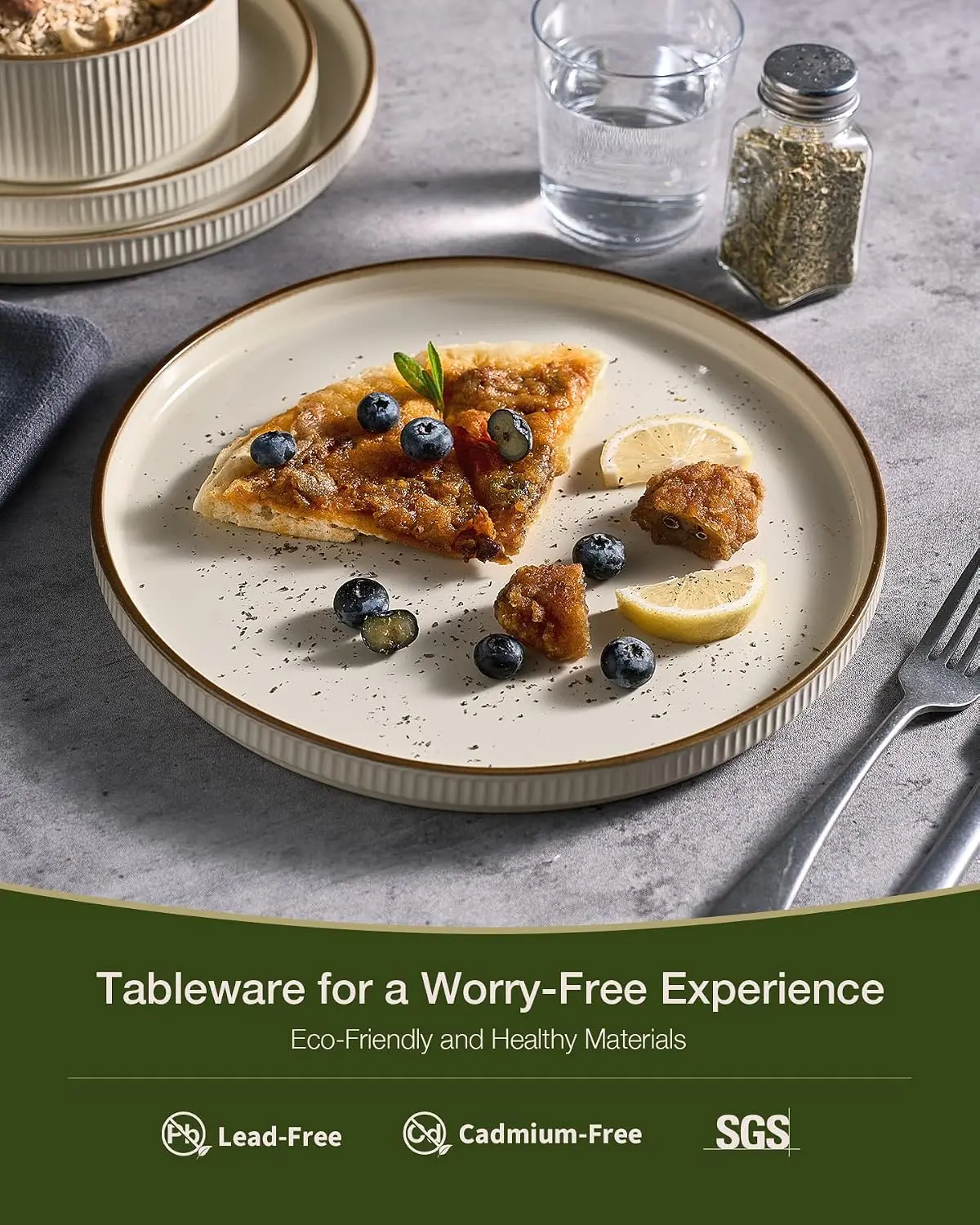 Ceramic Plates and Bowls Sets with Trim, 24pc Ribbed Dishes for 8 | Stoneware Dinnerware, Lipped Edges, Chip & Scratch Resistant view 3
