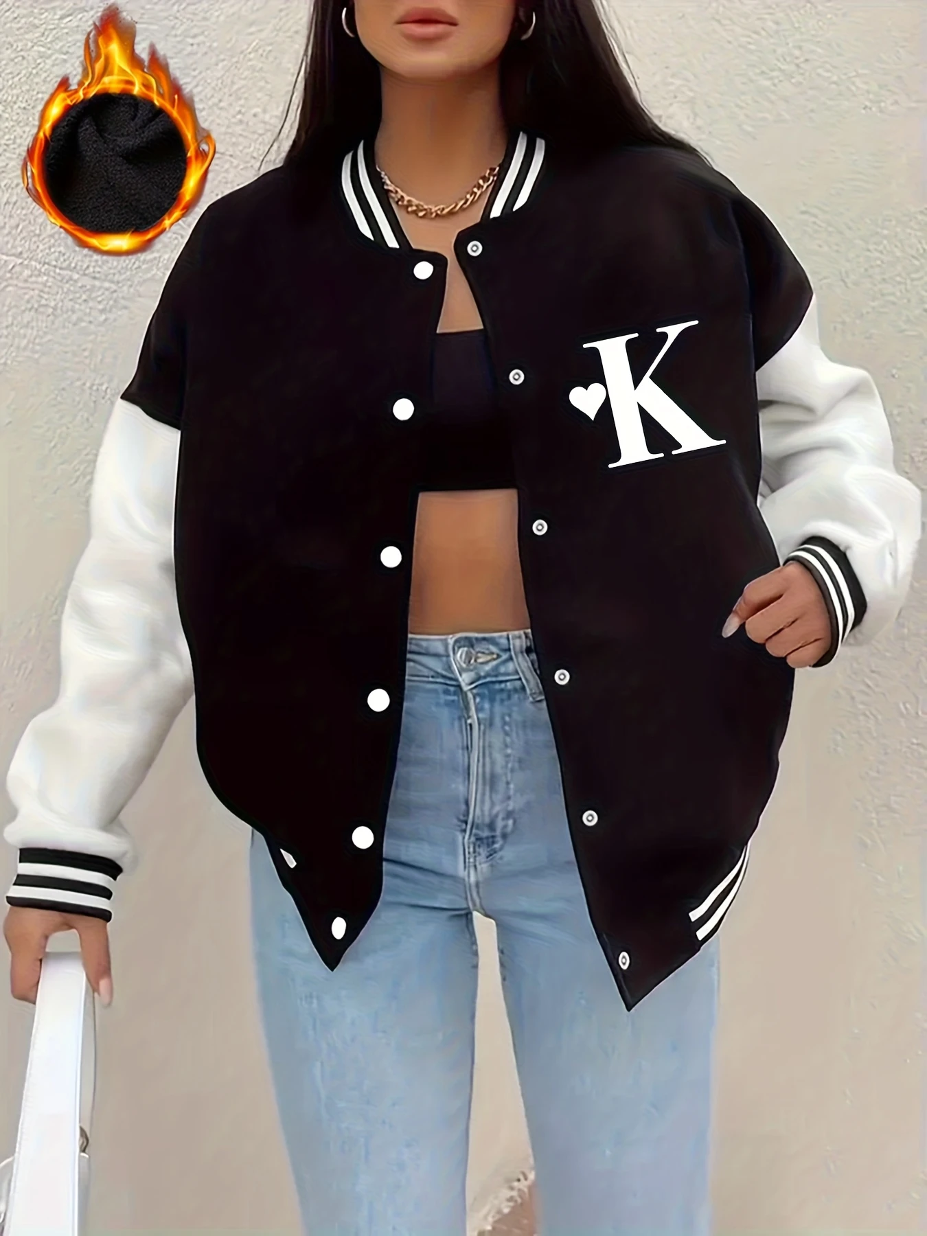 Women's K-Letter & Heart Print Button-Front Jacket - Winter-Ready Baseball Collar H-Line Blazer, Machine Washable Casual