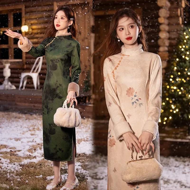 

Осенне-зимнее плотное старое Шанхайское китайское длинное улучшенное платье Cheongsam 2024, новый стиль, платье с длинными рукавами в стиле ретро для молодых женщин Qipao