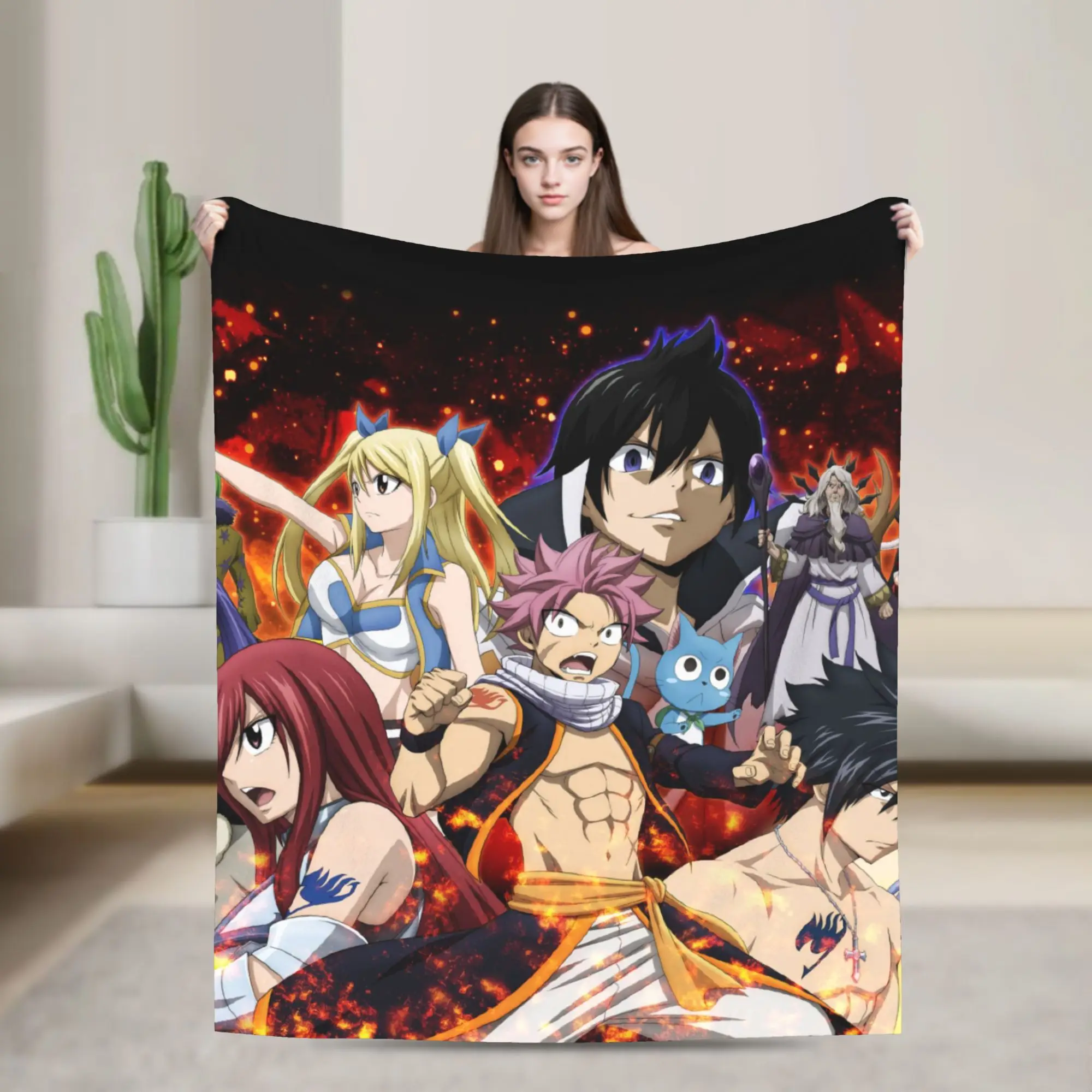 Natsu Erza Lucy Gray Flannel Blanket Fairys Tails  Anime Awesome Throw Blankets for  Sofa Bedding Lounge 200x150cm Bedspread,