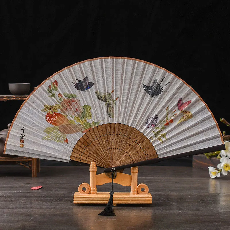 Vintage-Stil Falt fächer mit Quaste Katze Schmetterling Blume gedruckt Hanfu Fan Frauen tanzen Hand Fans Fotografie Dekoration