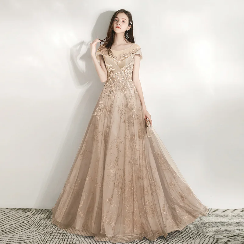 Banquet Elegant  Evening Dresses Petals and Leaf Patterns Sequin Round Neck Slim Long Dress Off The Shoulder Prom Robe