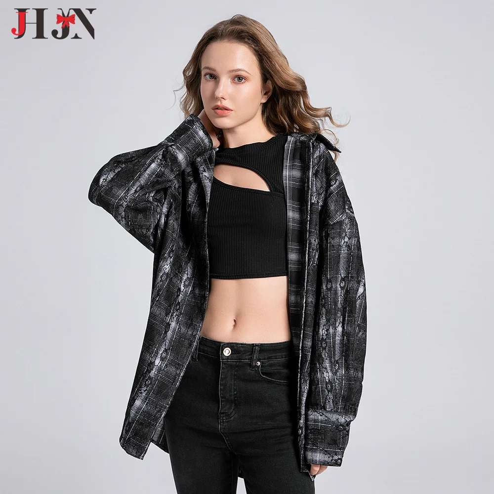 2024 Trend Shirt For Women Single Breasted Buckle Flip Collar Outerwear Lace Decorate Top Black Plaid Blouse Y2k Female Clothing