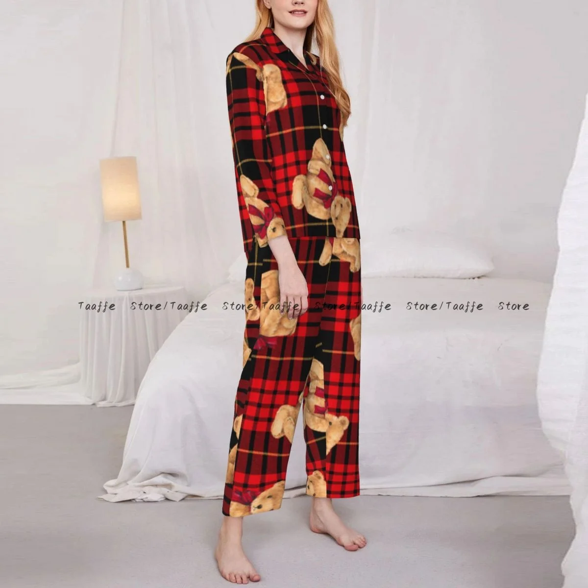 

Spring and Autumn Long Sleeve Pants Pajamas Loungewear Set Funny Bear On Plaid Women's Pull Edge Loose Sleeping Suit
