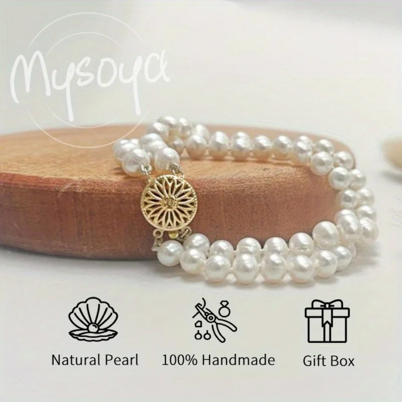 

MYSOYA 5-6mm Natural White Double Layer Freshwater Pearl Bracelet For Women And Men With Gift Box Birthday Wedding Jewelry Gift