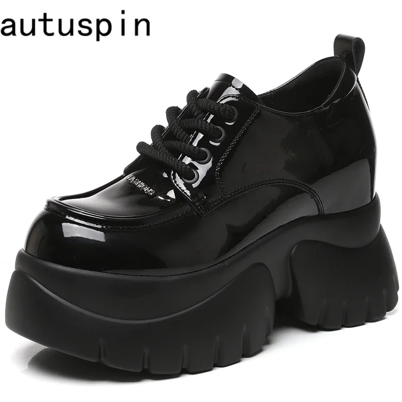 

AUTUSPIN 7cm Women Platform Black Pumps Fashion Lace-up Invisiable Height Loafers Female Shoes 2025 Students Oxfords Shoe Woman