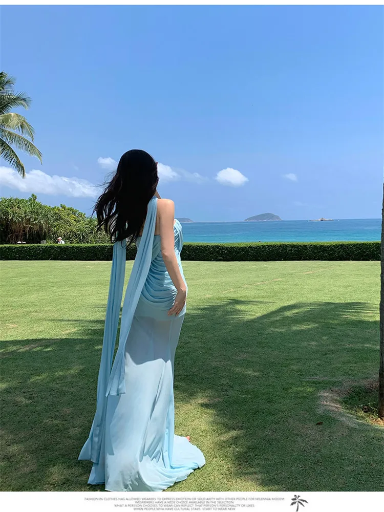 Abito lungo estivo senza spalline blu sirena splendido Spice Girl Slash Neck aderente abito da sera trasparente a coda di pesce da spiaggia in rete