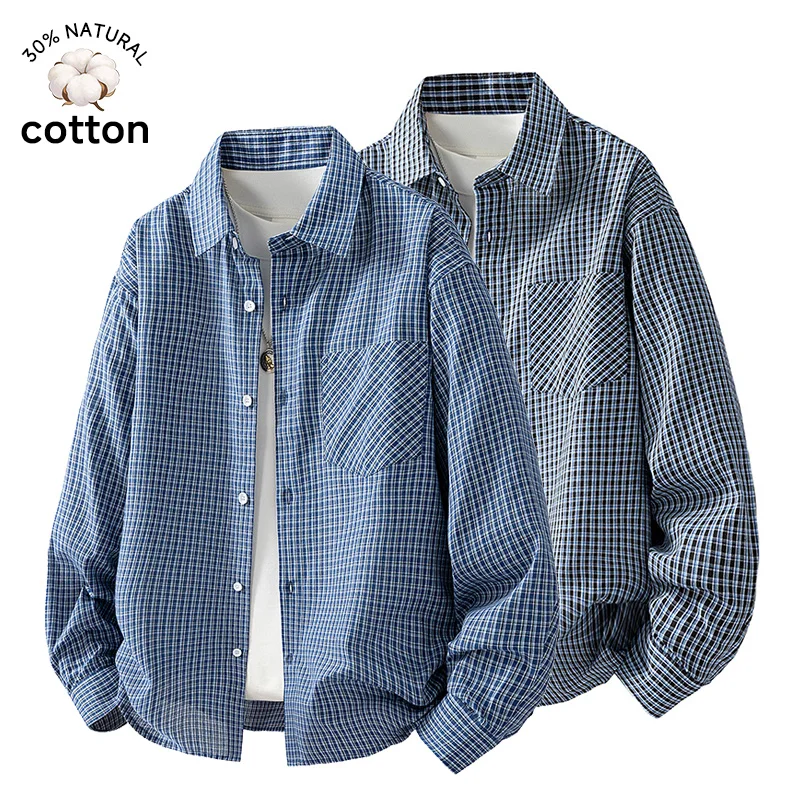Markenkleidung Herren Lässiges Karohemd Baumwolle Langarm Frühling Sommer Retro Japanischer Stil Streetwear Oversize Hellblau
