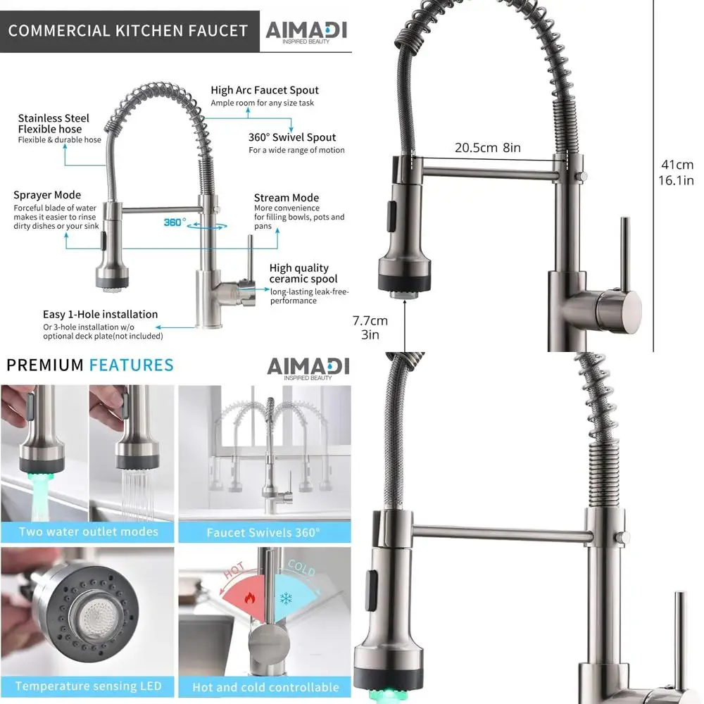 

Stainless Steel Brushed Nickel Pull-Down Spray Kitchen Faucet with LED Light, Single Handle Sink Mixer