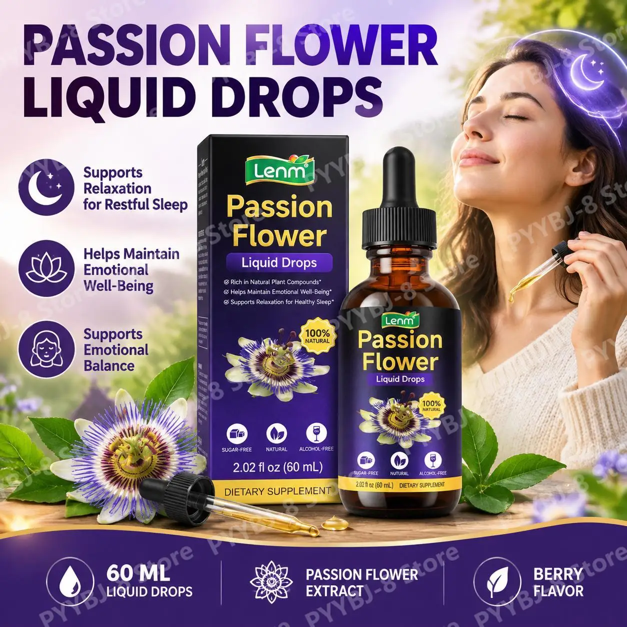 Passion Flower Liquid Drops with Passion Flower Extract for Relaxation, Rapid Liquid Intake Support,Vegan, Sugar-Free 60 ML
