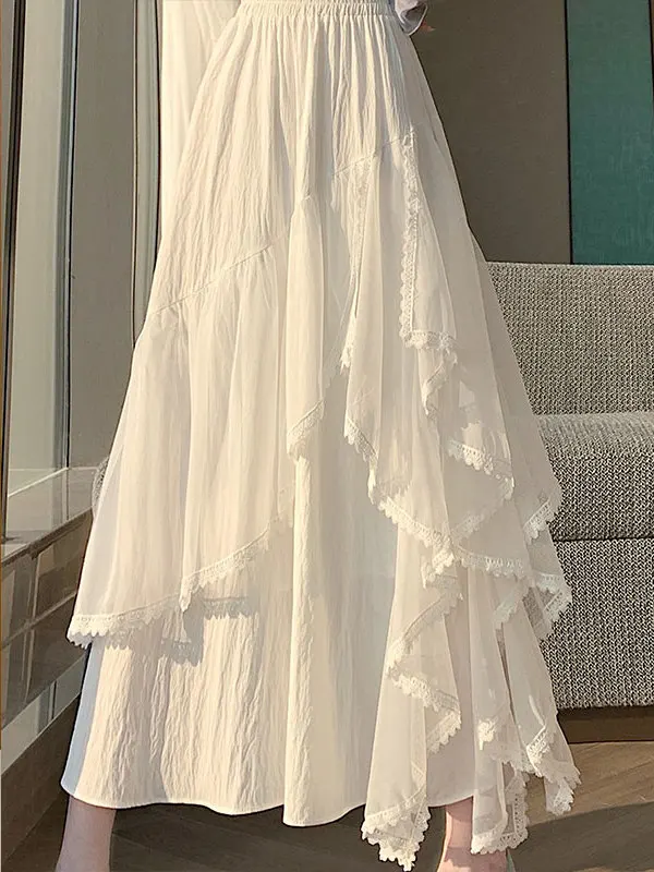 Irregular Lace Trim Long Skirt Half-length Women's Spring Summer Super Beautiful White Cake Design Fairy Skirt Gown