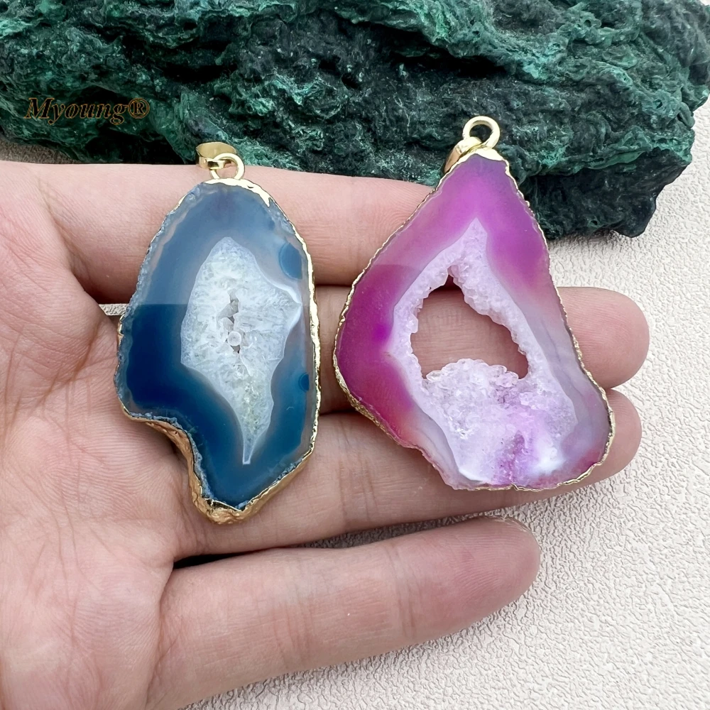 10PCS Freeform Blue Pink Agates Geode Druzy Slice Necklace Pendant For DIY Jewelry Making MY231082