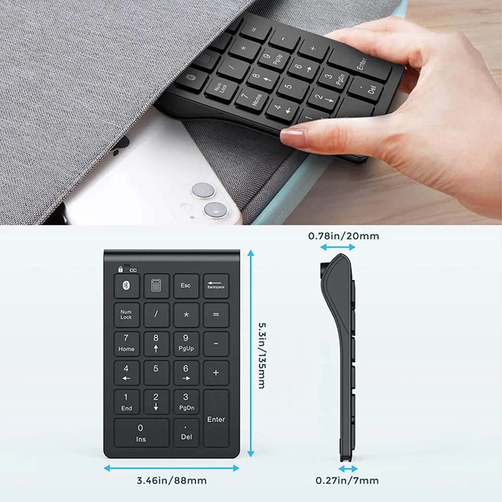 Rechargeable Wireless Numeric Keypad Bluetooth Number Pad Slim 22-Keys External Numpad Keyboard Data Entry