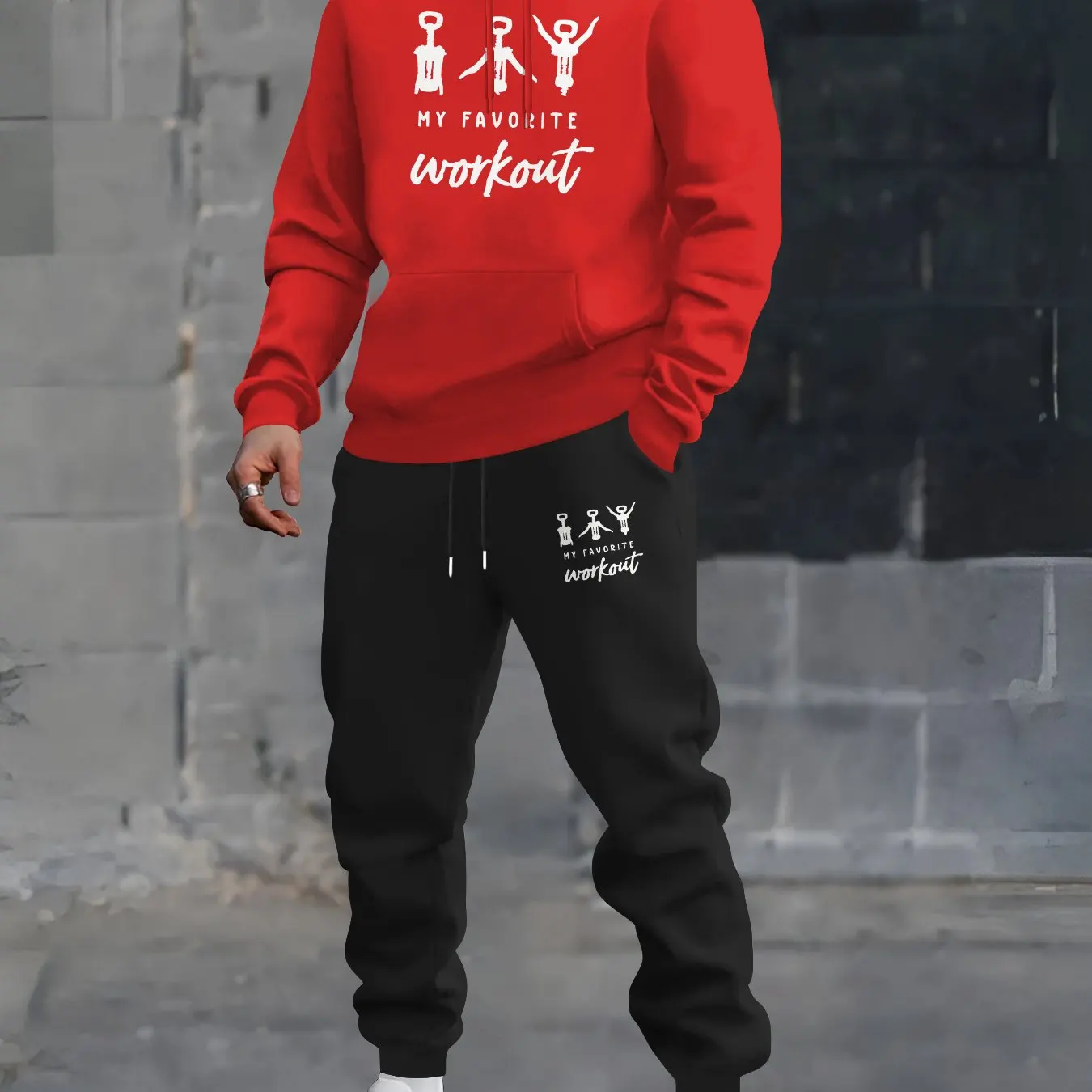 Men Casual Sports 2Piece Set,Creative Cartoon Opener Workout Theme Print HoodieDrawstring Sweatpants,Daily Street Outfit For Men
