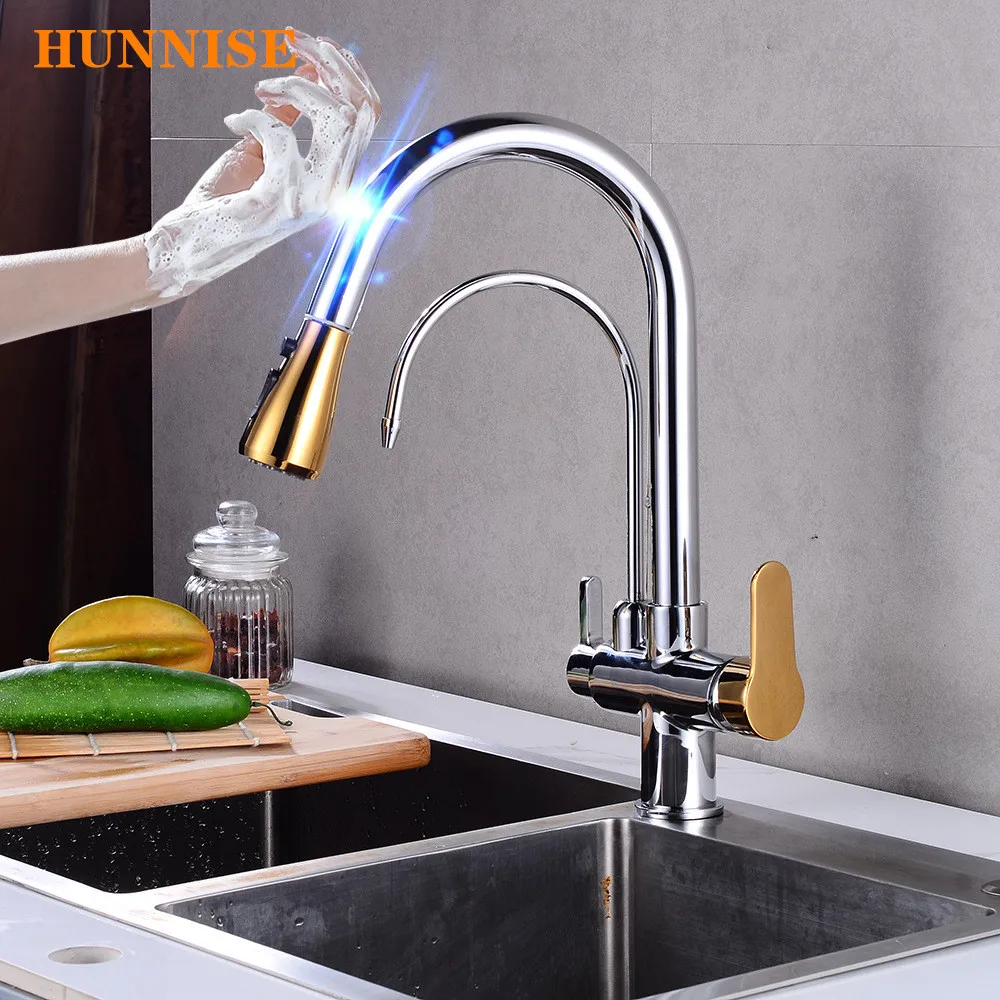 Handfree Touch on Filter Kitchen Faucets with Pull Down Hot Cold Kitchen Sink Mixer Tap Chrome Gold Sensor Touch Kitchen Faucet