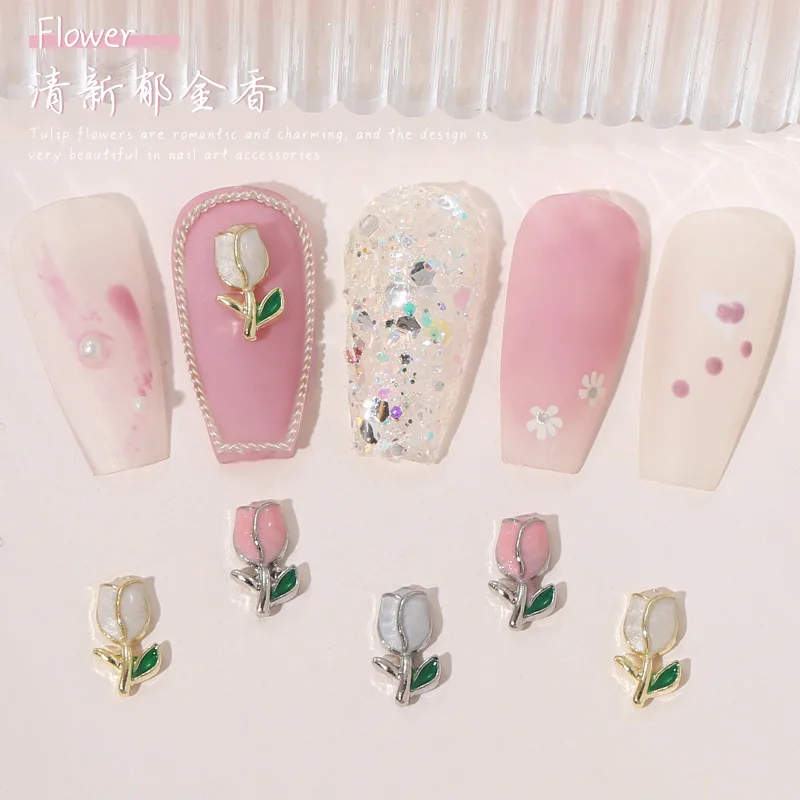 

10Pcs/Lot Net Red Nail Enhancement Tulip Jewelry Metal Texture Light Luxury Wind Alloy Oil dripping Rose Nail Diamond Flower