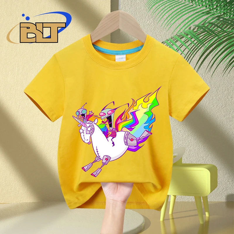 T-shirt de manga curta com estampa unicórnio para menino e menina, top casual algodão, verão