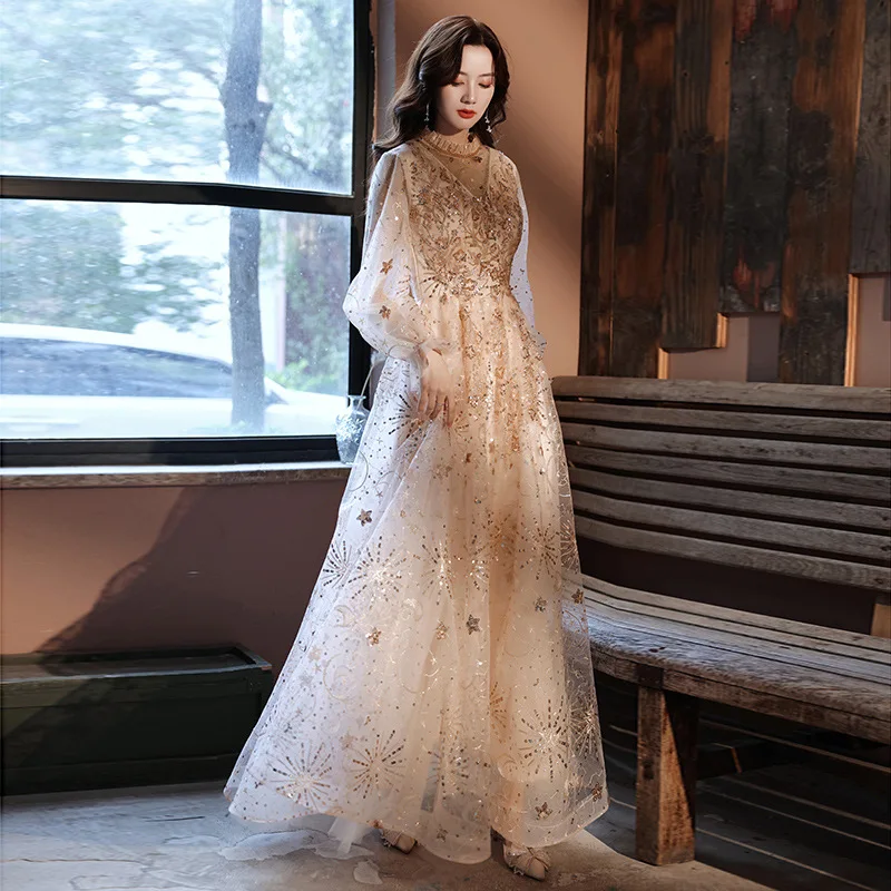 

2022 New Women Sexy Qipao Mesh Appliques Dresses Champagne Bridesmaid Wedding Party Cheongsam Maxi Bling Seuqins Robe De Soiree