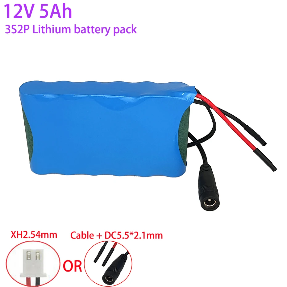 

Original 12V 5Ah Battery 3S2P 11.1V /12.6V 5000mAh Lithium Battery Pack with 5A BMS for LED Lamp Light Backup Power ,etc