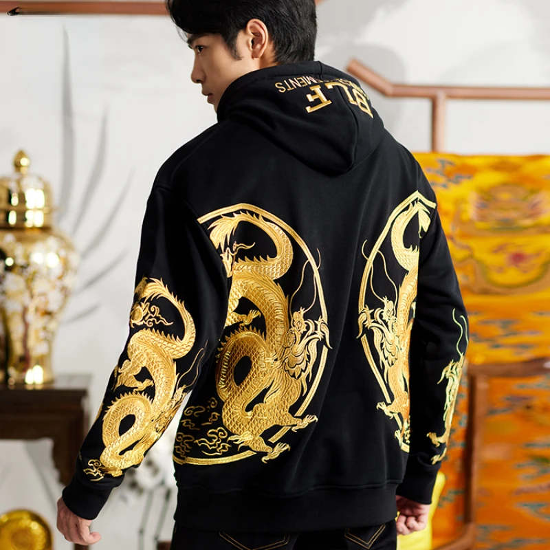 NEW high-end Golden Dragon Xianrui Chinese Style Sweatshirt Golden Dragon Robe Embroidered Hooded Sweatshirt Men Autumn Winter