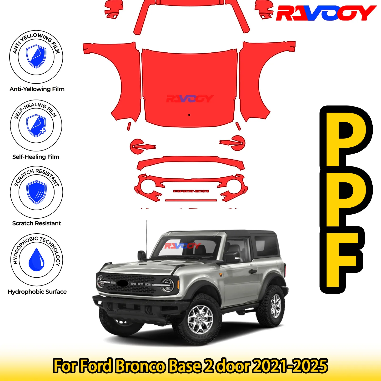 

For Ford Bronco Base 2 door 2021-2025 Glossy Matte Black Precut front PPF Kit Paint Protection Film